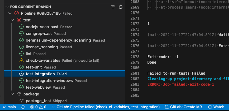 A pipeline containing CI/CD jobs that passed and failed.