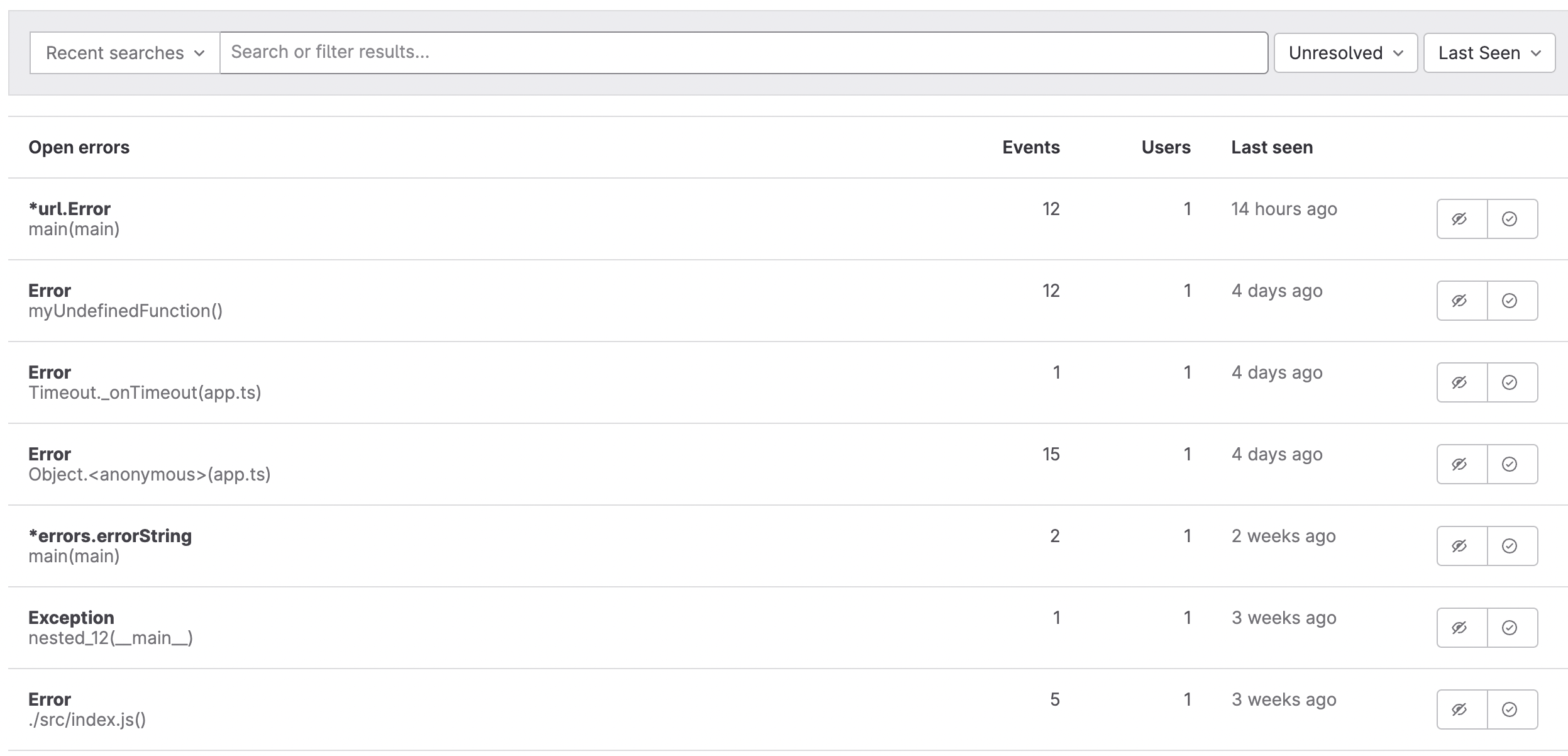 The list of open errors on the Error Tracking page.